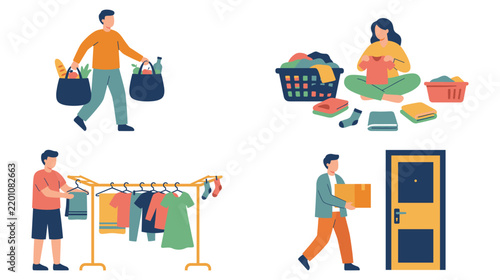 Daily household activities performed by diverse people with chores set.