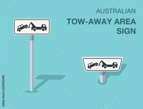 Isolated Australian tow-away area sign for motorists, featuring a towing symbol on a white road sign. Flat vector illustration of traffic signage, road safety, towing regulations, no-parking symbols.