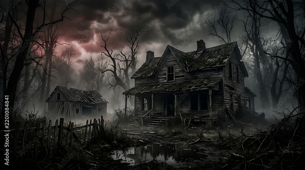 Obraz premium Haunted house creepy photo in dark scary forest landscape with spooky cabin and eerie sky