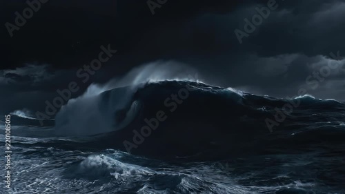 Massive ocean wave crashing during a dramatic thunderstorm with lightning striking the sea surface