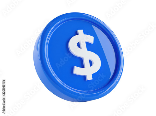 A single blue 3d coin icon with a white dollar sign symbol on the front, rendered as a shiny digital finance element for business and money concepts