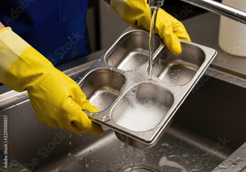Person wearing yellow gloves washing a metal food tray in a sink.
