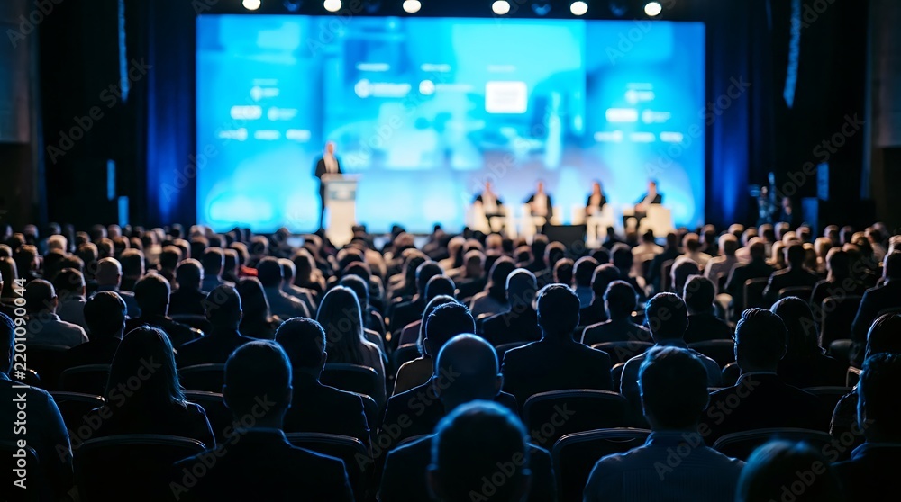 Obraz premium Professional speaker addressing a large crowd in a dark modern auditorium with bright blue screens