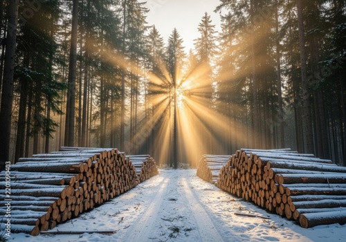 Sunbeams Pierce Snowy Forest Revealing Stacked Logs.