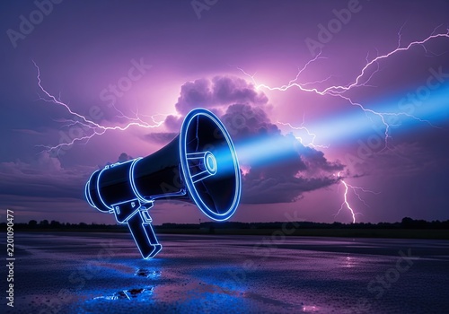 Futuristic Megaphone Emitting Blue Light Beam During Lightning Storm.