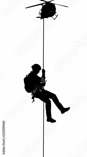 A silhouette of a soldier rappelling from a helicopter against a white background.