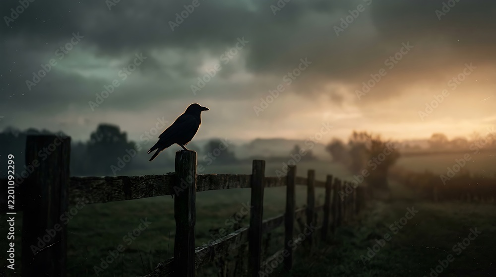 Obraz premium Raven perched on wooden fence post photo