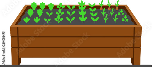 Wooden raised garden bed with green vegetable plants flat illustration