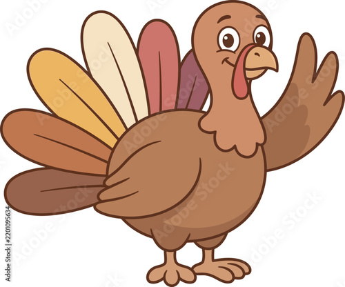Friendly Cartoon Turkey Waving with Colorful Tail Feathers Cute Farm Bird Character Vector Illustration for Thanksgiving Celebration