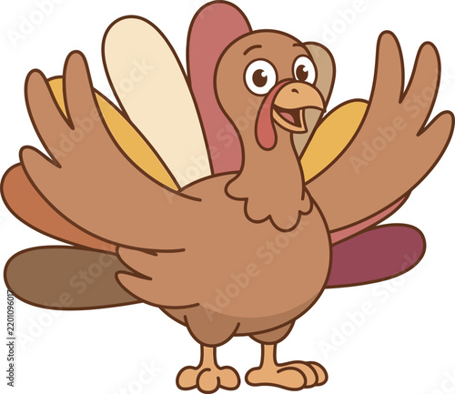 Funny Cartoon Turkey Waving Hand Friendly Thanksgiving Bird Character Vector Illustration for Kids Holiday and Farm Design