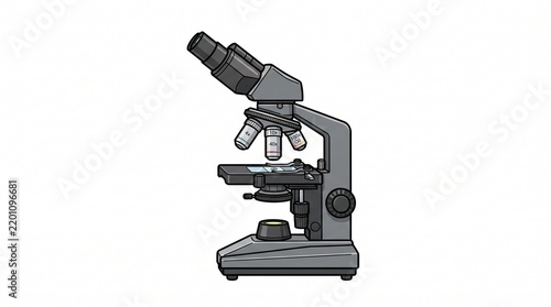 gray compound light microscope with binocular eyepiece triple objective lenses 4x 10x 40x 100x oil stage and glass slide laboratory scientific equipment cartoon isolated on white