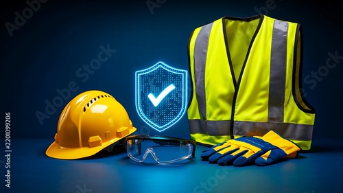 Workplace safety equipment with helmet, vest, gloves and protective glasses on dark background