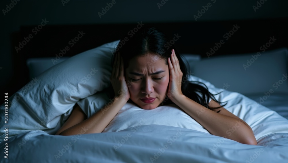 Fototapeta premium Young woman feeling distressed in bed, covering ears to loud noise. Representing insomnia, stress, and anxiety