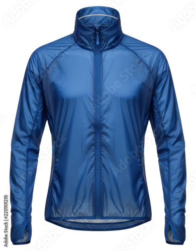 Blue lightweight sport jacket with metal zipper closure isolated on transparent