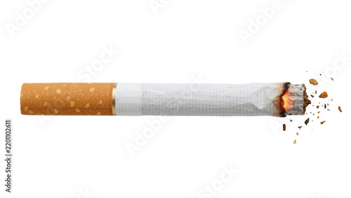Konstfotografi Burning cigarette with glowing ember and ash falling, isolated on transparent ba