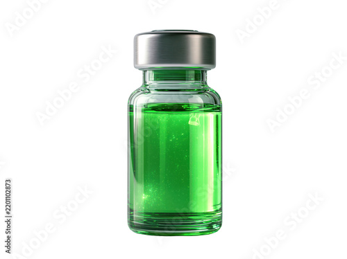 Small glass vial with green liquid medicine for vaccine or clinical research isolated on white background