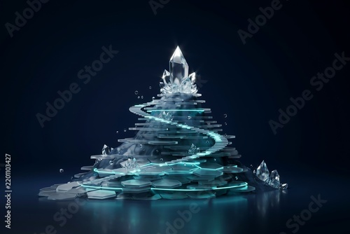 A glowing crystal mountain structure with a spiral staircase and hexagonal platforms illuminated by cyan light in a dark environment