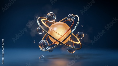 A golden glowing sphere at the center of rotating metallic rings with smaller glass orbs and floating particles on a dark blue background