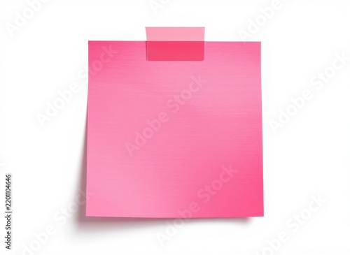 A blank pink square sticky note attached with a piece of pink tape, isolated on white background