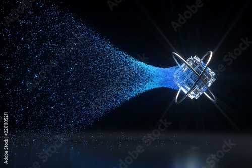 A transparent glass cube surrounded by metallic rings with a trail of blue glowing particles flowing into it on a dark black background