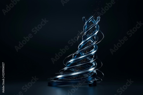 Abstract 3d render of a metallic spiral structure with glowing particles on a dark background, featuring flowing ribbons and light reflections