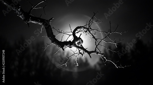 Bare tree branch silhouette against glowing full moon photo