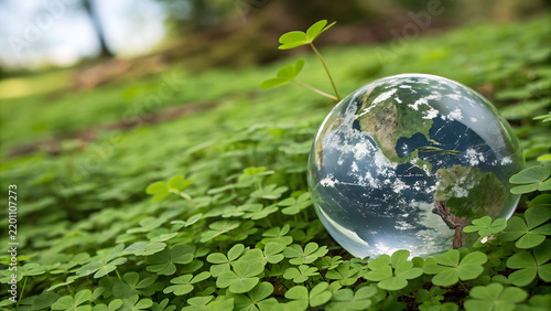 Glass Globe resting on lush green clover lawn for environmental, ecology, and sustainability concepts