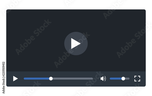 Modern video player interface with play button, progress bar, volume control, and fullscreen icon, flat vector design