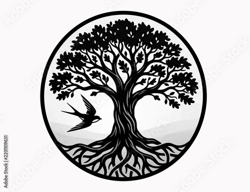 A minimalist-style illustration depicting the Tree of Life symbol framed within a circle, featuring a strong trunk, extensive roots, and a stylized bird among the branches
