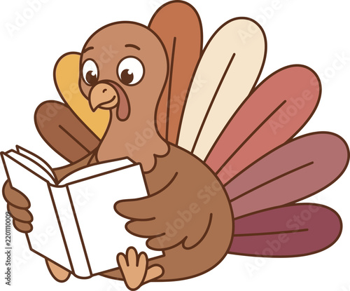 Happy Cartoon Turkey Studying a Book Cute Thanksgiving Bird Character Vector Illustration Isolated on White Background for Kids Education Learning and School