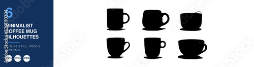Coffee Mug Silhouettes, Minimalist Design Set with Outline and Fill Shapes Featuring Silhouette, Icon