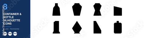 Container and Bottle Silhouette Icons Set, Packaging Design Elements, Product Packaging Illustration with Label