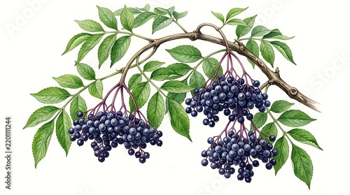 Botanical illustration of elderberry branch with dark blue berries and green leaves, realistic nature drawing, detailed plant study isolated on white background