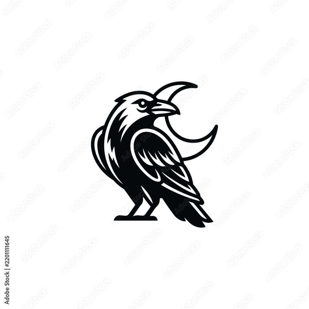 Obraz premium Stylized Raven Bird Silhouette with Crescent Moon Icon.