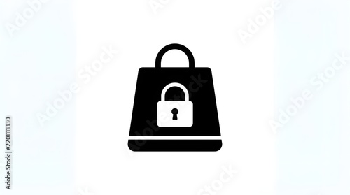 Shopping bag icon featuring a prominent secure padlock symbol in black and white minimalist graphic style representing retail data protection or safe online commerce transaction concepts