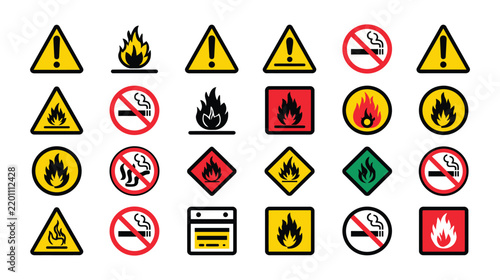 Signs icon set including assorted fire warning and prohibition