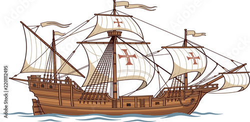 Bild auf Leinwand Vintage historical wooden caravel sailing ship vector illustration on ocean wate