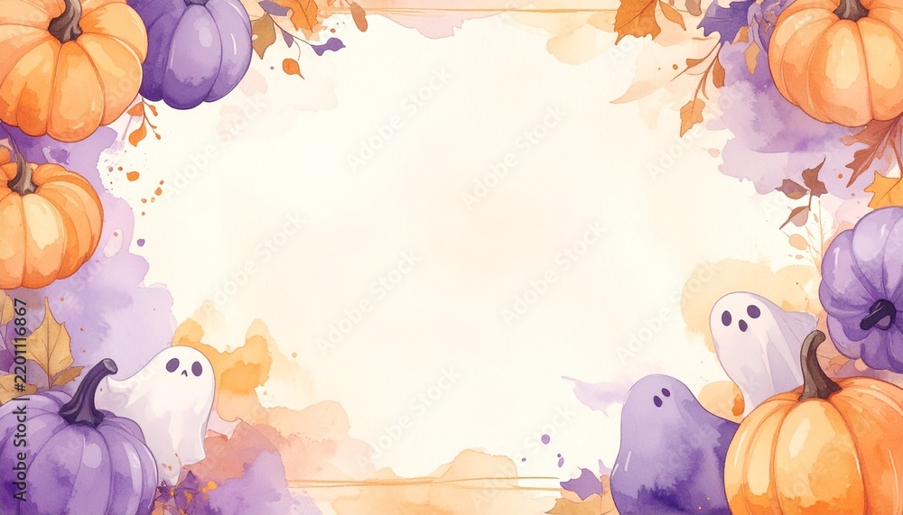 Fototapeta premium Watercolor Style Halloween Background with Pumpkins, Ghosts and Autumn Leaves