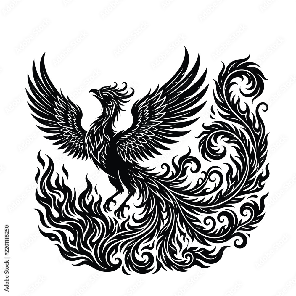 Fototapeta premium Black and white illustration of a majestic phoenix rising from flames, intricate tribal style design