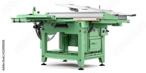 Green woodworking combination machine with sliding table and cast iron frame isolated on white background.