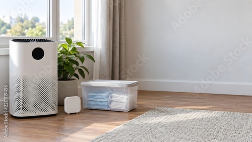 Home air quality corner with purifier sensor and stored face masks