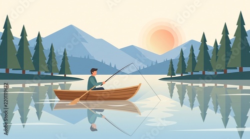 Person fishing from a wooden boat on a calm mountain lake at sunset