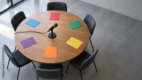 Round table discussion setup with microphone and color cards