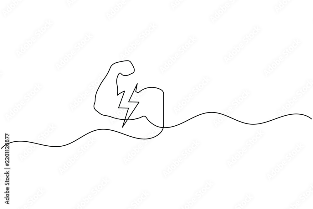 Obraz premium Human arm bicep muscle with lightning continuous one line drawing minimalist electric power vector illustration