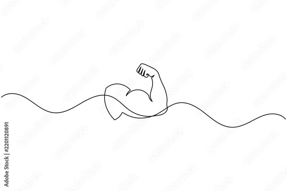 Obraz premium Human arm bicep muscle flexing power continuous one line drawing minimalist fitness energy vector illustration