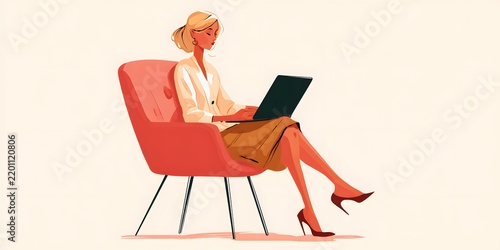 Blonde businesswoman in a white blouse and brown skirt works on a laptop while seated in a modern red chair.