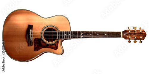 Acoustic guitar with cutaway body and tortoiseshell pickguard displayed against white background.