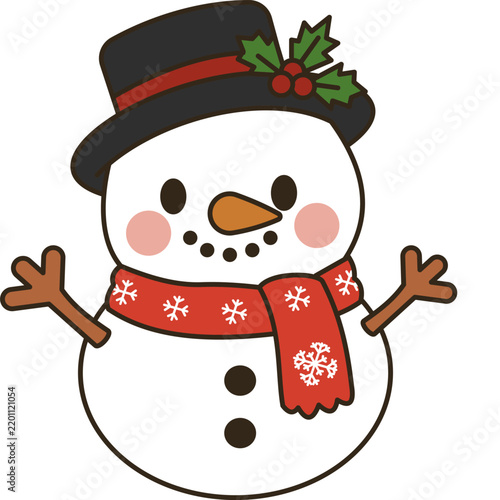 Cute cartoon snowman character with scarf and hat, hand drawn Christmas winter icon vector illustration