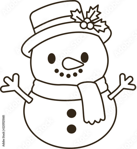 Cute cartoon snowman character with scarf and hat, black and white line art Christmas winter icon coloring page vector illustration