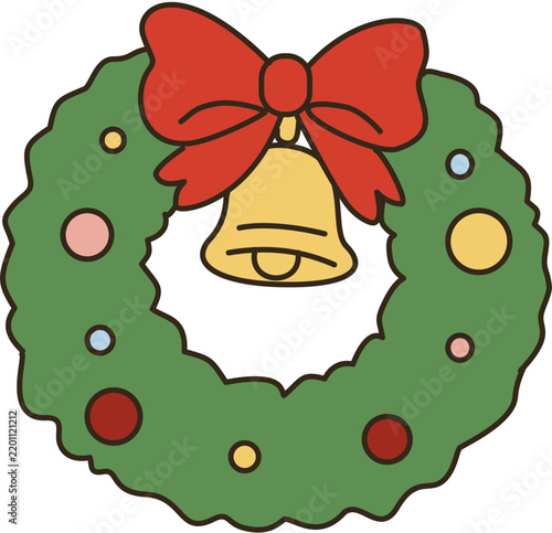 Christmas wreath with bell and ribbon bow, hand drawn holiday decoration icon vector illustration